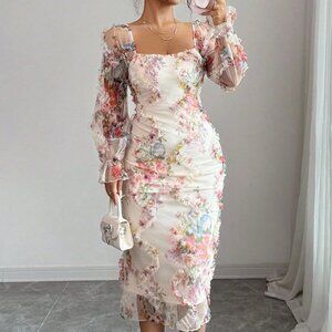 Multicolor Elegant Women's Romantic Floral Mesh Midi Dress